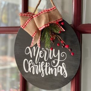 Hand Crafted Merry Christmas wood door round